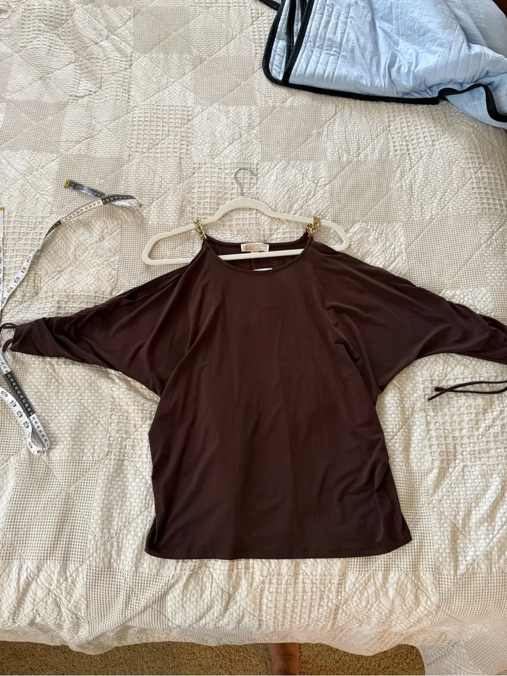 Michael Kors Dark Brown Cold-Shoulder Top with Chain Straps